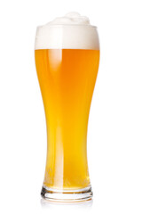 A glass of beer with a golden hue and frothy head, isolated on a clean white background