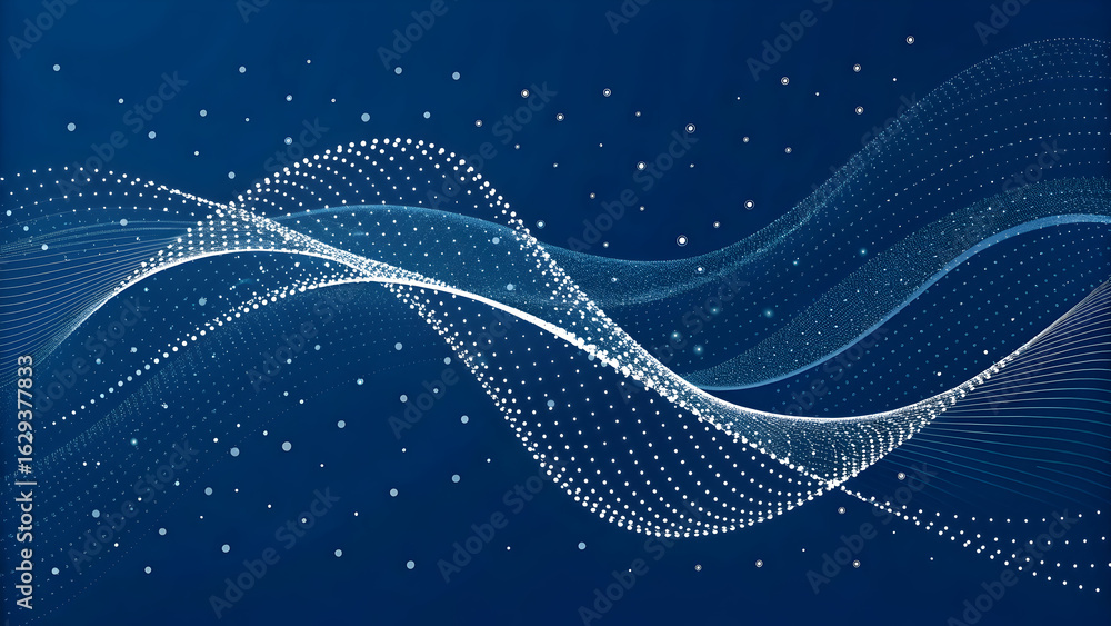 Poster abstract glowing blue wave of digital particles flowing through a dark starry background representin