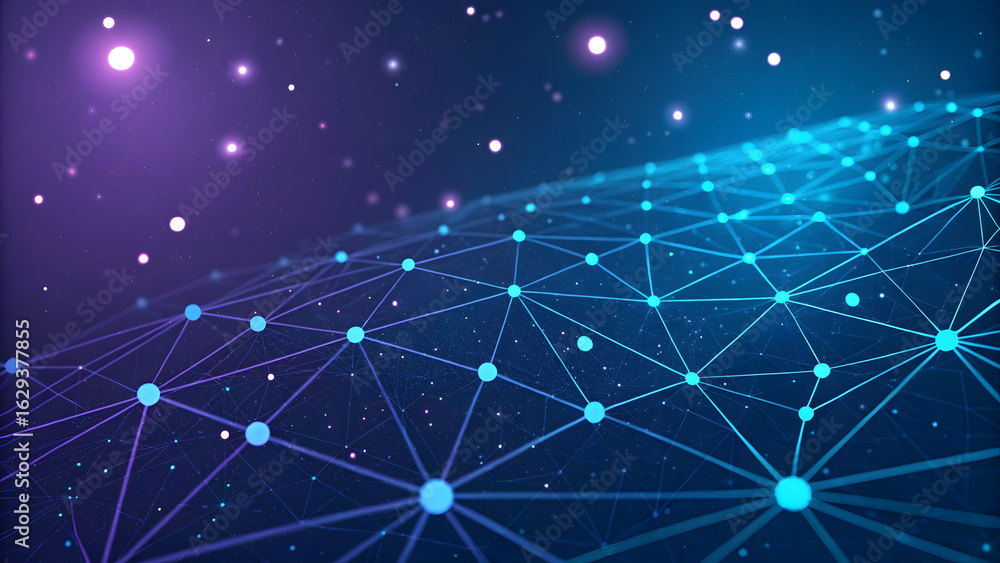 Poster abstract glowing digital network of interconnected nodes and lines against a dark starry cosmic back
