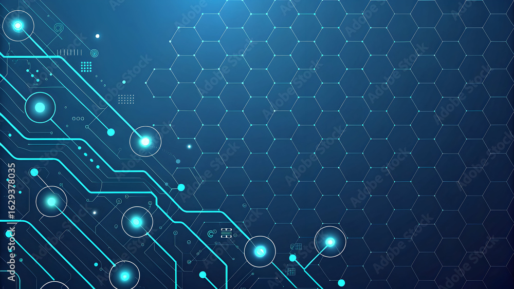 Poster abstract glowing blue circuit board pathways with digital data streams and futuristic technology bac