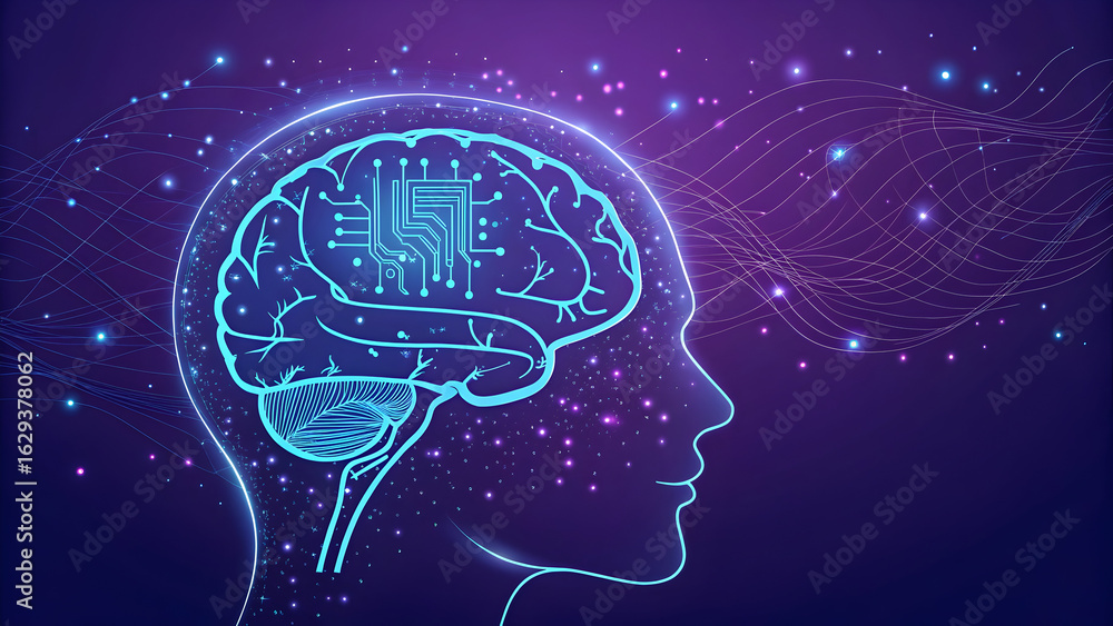 Poster futuristic glowing neon outline of a human head profile with a digital brain and complex neural netw