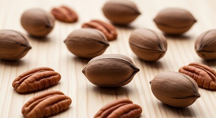 Naklejka premium Close-up view of multiple pecan nuts both shelled and unshelled on a wooden surface ready for baking