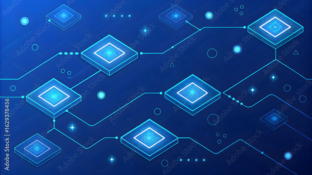 Poster abstract digital network of glowing blue geometric shapes connected by luminous lines on a dark blue