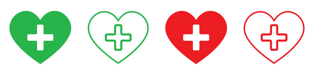 Obraz premium health care cross with heart symbol. first aid vector icons. heart icon containing a health cross symbol. life insurance icon. health service icon. vector illustration on transparent background. 