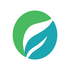 Obraz premium Eco-friendly abstract logo with green and blue circle and white leaf. Perfect for sustainable business, organic products, environmental branding, nature, and wellness industries
