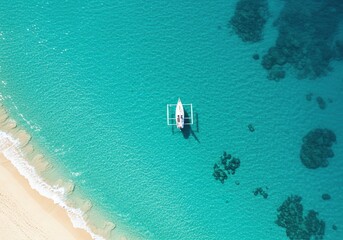 An aerial view of a boat in clear turquoise ocean water near a beach