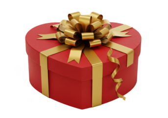 Red heart gift box with golden ribbon isolated on transparent background