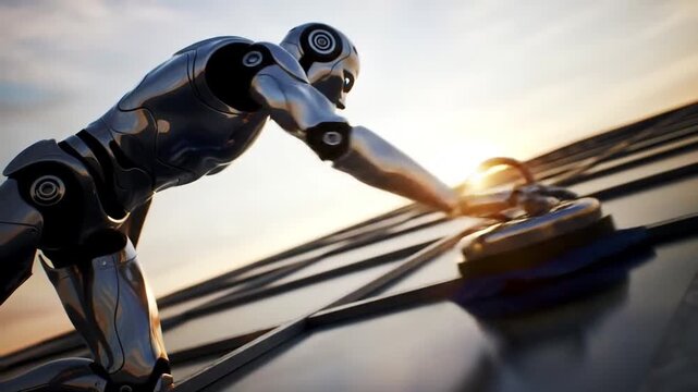 Slow-Motion Close-Up of Humanoid Robot Cleaning Skyscraper Glass at Sunrise &ndash; Cinematic Lens Flares and Futuristic Urban Tech

