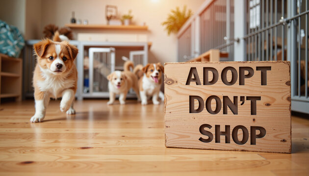 Playful puppies running near wooden "Adopt don't shop" sign, pet rescue