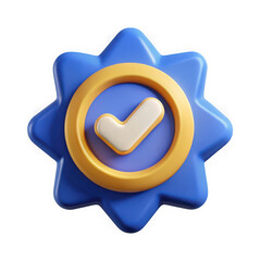 3d rendered blue starburst badge with golden ring and white checkmark symbol isolated on transparent background