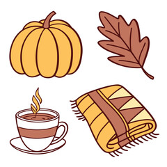 Cozy autumn elements a warm pumpkin steaming coffee fallen leaf and folded blanket illustration