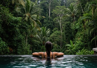 Fototapeta premium Woman in an infinity pool overlooking a lush tropical jungle