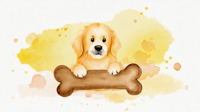 Illustration, Golden Retriever with a bone, soft blending of warm tones, gentle artistic strokes, light and cheerful atmosphere
