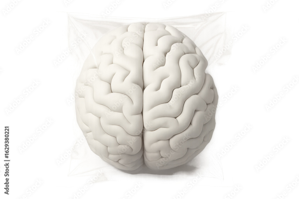 Poster realistic 3d rendering of a human brain wrapped in plastic wrap, isolated on a transparent backgroun