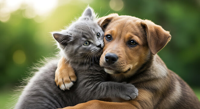 puppy and cat, cat and dog, A cat and a dog are hugging each other with hearts on their chests. Concept of love and affection between the two animals