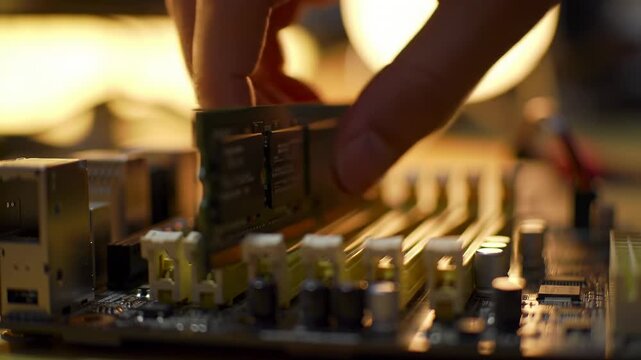 Person installing ram module into motherboard close up view of computer hardware installation