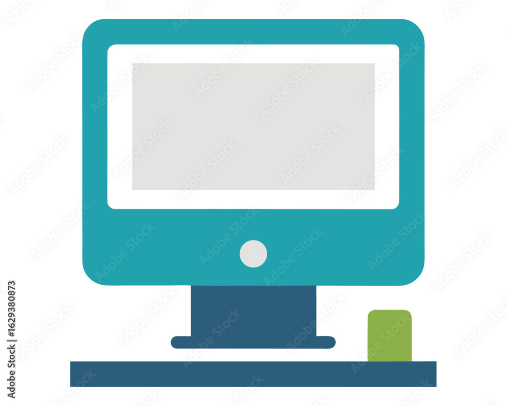 Poster a blue computer is on a desk with a green object ai generated