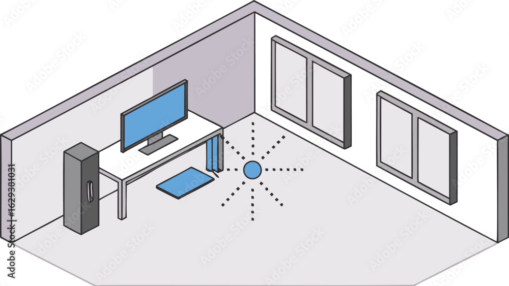 Aufkleber isometric view of a room with a desk computer cabinet windows and a central blue point object emitti