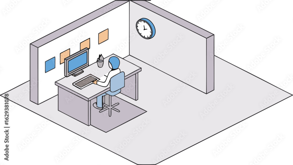 Aufkleber isometric view of a person working at a computer in an office cubicle with wall clock and decor