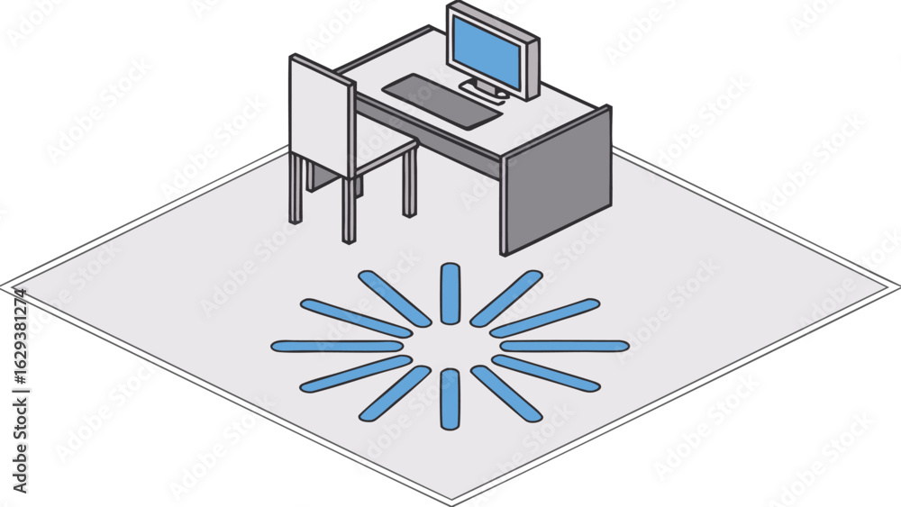 Poster isometric view of a desk with computer and chair on a rug with a blue radial pattern design