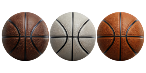 Three Basketballs in Brown, White, and Orange on white background