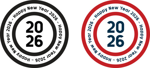 Happy New Year 2026 stamp icon set with festive circular design