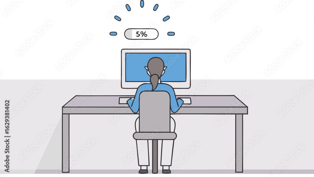 Aufkleber person sitting at a desk facing a computer monitor with a five percent loading bar displayed above i