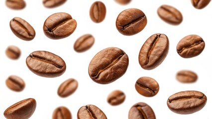 Roasted Coffee Beans Falling on White Background