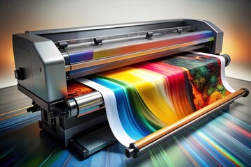 Minimalist Large Format Printer, Vibrant Multicolor Prints, Digital Printing, High Resolution Image