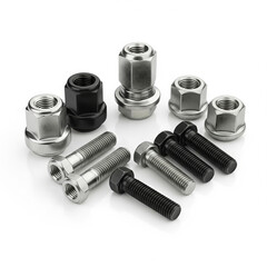 Collection of automotive lug nuts and bolts on a white background