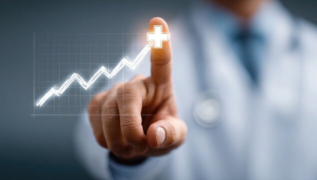 Doctor's finger touches a growing graph with a plus sign, signifying healthcare progress