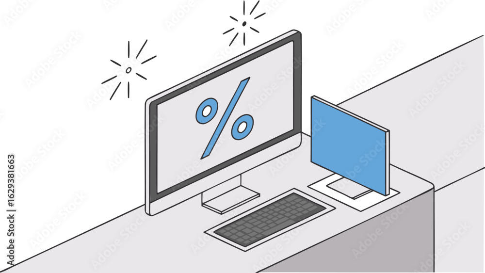 Aufkleber illustration of a desk with two monitors and a keyboard displaying a percentage symbol on screen
