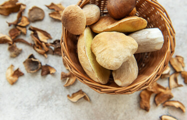Fresh mushrooms overflowing a small wicker basket with dried mushrooms scattered around