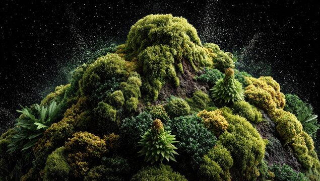 Mossy mountain landscape in space