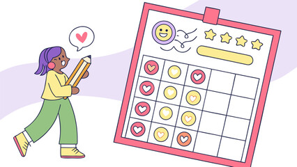 A cheerful girl with purple hair and headphones holds a pencil marking a calendar filled with hearts and smiley faces symbolizing progress and positive achievements