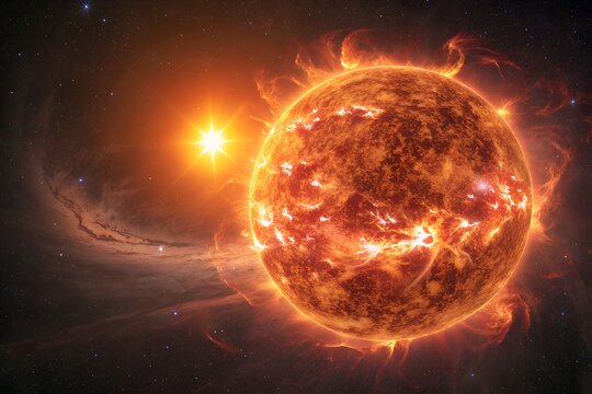 Fiery Star with Solar Flares – Sun Surface, Space, Astronomy, Celestial Body, Solar Activity, Cosmic Energy