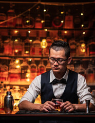 Bartender is pouring whiskey into a glass in a restaurant