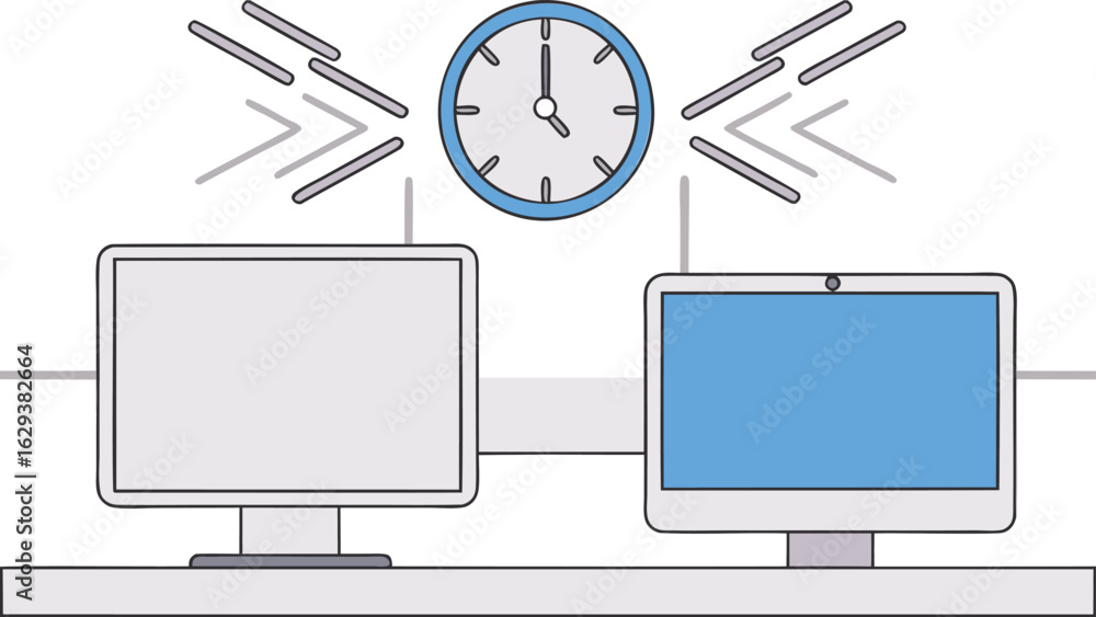 Fototapete two computers connected with a clock above them and communication symbols on either side of the cloc