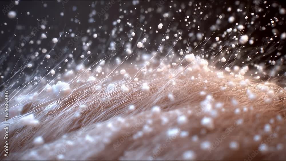 Aufkleber visualization of scalp with flaky skin shedding white particles in a soft airy movement.