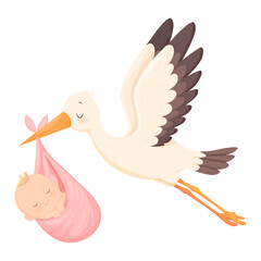 Vector cartoon image of a stork carrying a baby. The concept of a long-awaited pregnancy and a baby. Boy or girl. Element for your design