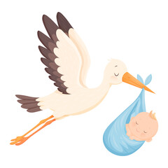 Vector cartoon image of a stork carrying a baby. The concept of a long-awaited pregnancy and a baby. Boy or girl. Element for your design
