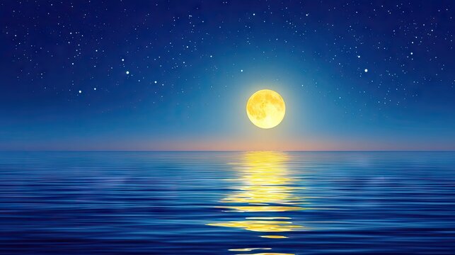 Golden moon reflecting on a calm sea at night.