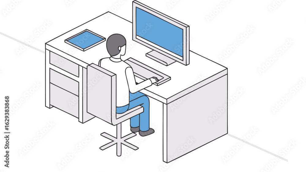 Aufkleber person sitting at a desk with computer monitor keyboard and tablet in an office environment drawing 