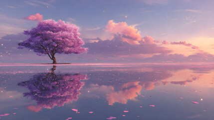 Single purple tree reflected in calm water under a pastel anime sky with dreamy clouds