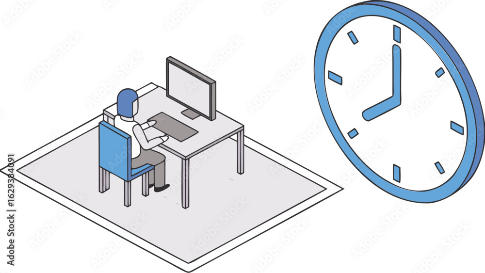 Poster a person is sitting at a desk with a computer and a clock is visible in the background of the image