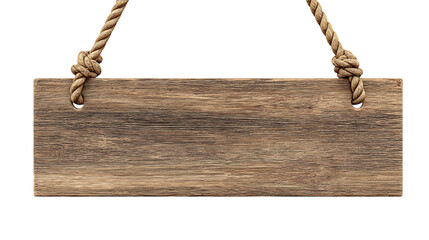 Blank wooden signboard hanging by rope on white background. 