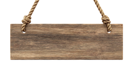Blank wooden signboard hanging by rope on white background. 