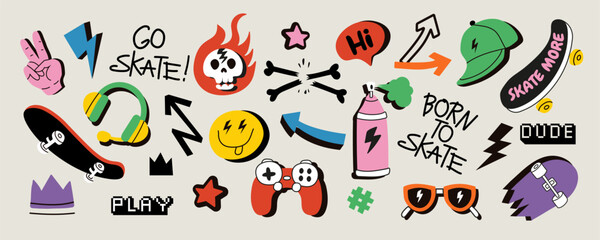 Skateboard badges, stickers. Vector illustrations with skateboards, smiley faces, lightning bolts, game controllers, peace signs, sunglasses, and more. Perfect for streetwear, youth designs © Loya.art