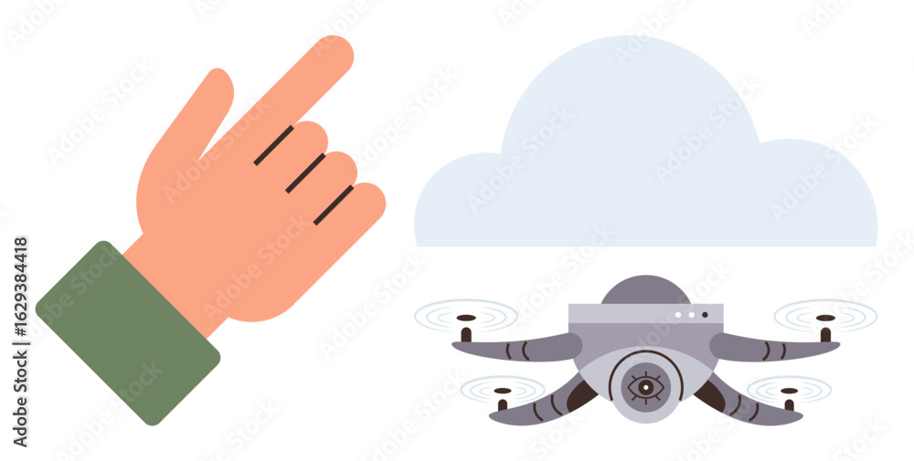 Poster hand pointing towards flying drone under cloud, representing innovation, technology, automation, clo