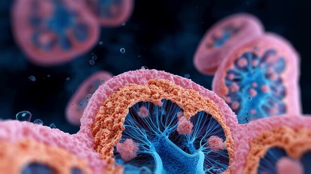 Closeup 3D render of kidney collecting duct epithelial cells aquaporin channels activating with blue fluid withdrawal visualizing water reabsorption process.